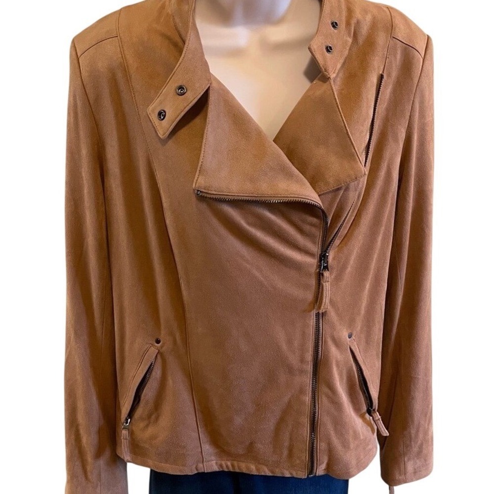 Adrienne Vittadini Womens Faux Suede Moto Jacket Camel Tan Asymmetric Zip Medium